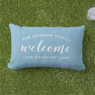 Welcome Sky Blue Personalised Family Name Address Lumbar Cushion
