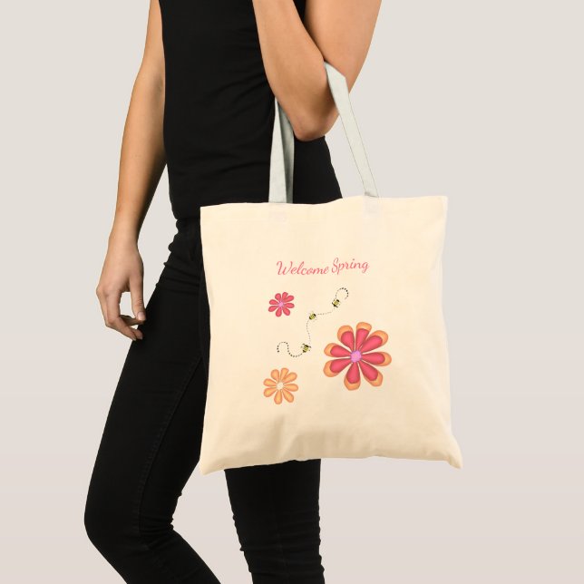 Welcome Spring Bright Flowers and Bumble Bees Tote Bag (Front (Product))