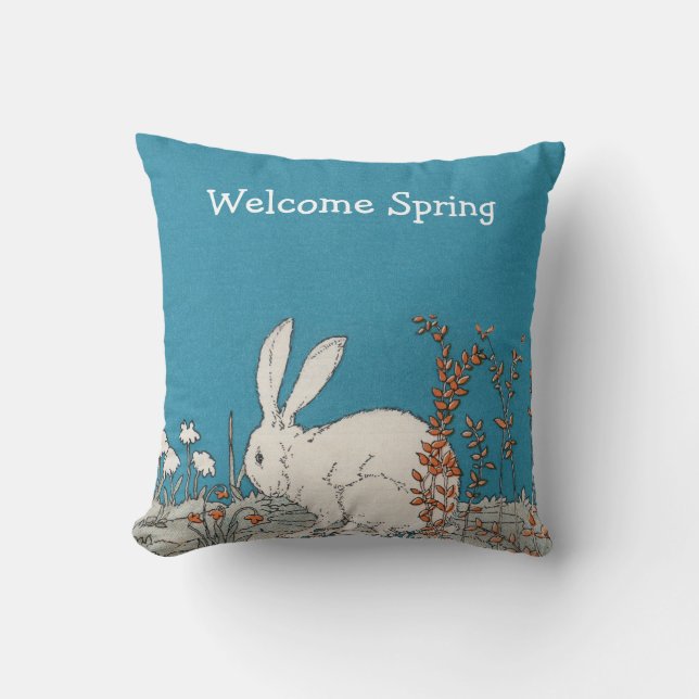 Welcome Spring Pretty White Rabbit in Flowers Outdoor Cushion (Front)
