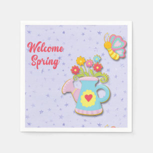 Welcome Spring Watering Can with Flowers Butterfly Napkin