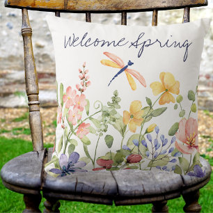 Welcome Spring with Wildflowers and Dragonfly Cushion