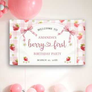 Welcome Strawberry Berry First Birthday  Banner