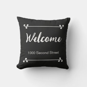 Welcome Street Address Decorative Black Cushion