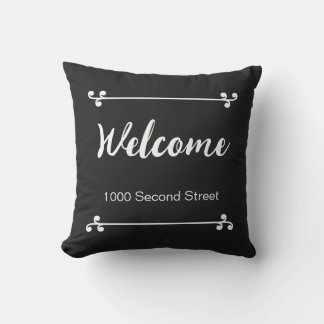 Welcome Street Address Decorative Black Cushion