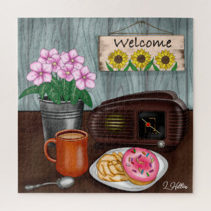 Welcome, Sunflowers, Doughnuts and Coffee Jigsaw Puzzle