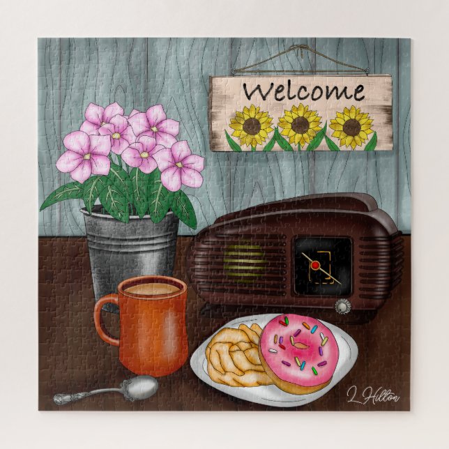 Welcome, Sunflowers, Doughnuts and Coffee Jigsaw Puzzle (Vertical)