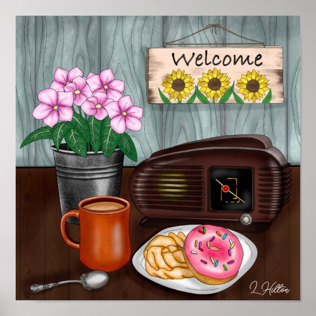 Welcome, Sunflowers, Doughnuts and Coffee Poster (Front)