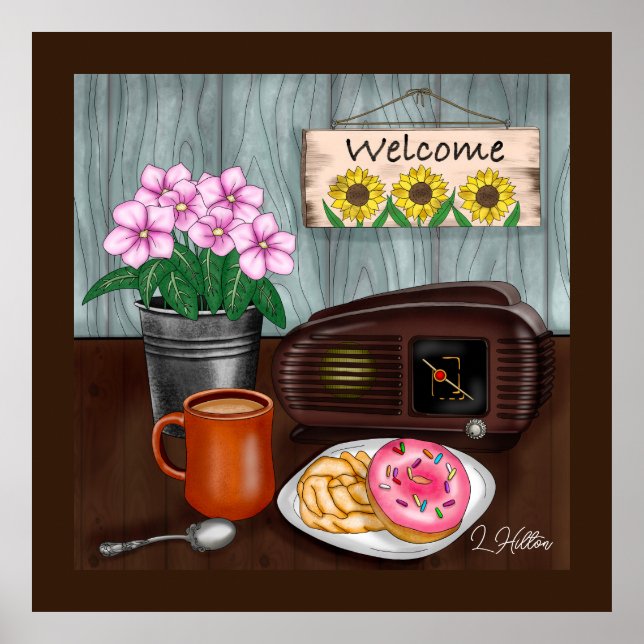 Welcome, Sunflowers, Doughnuts and Coffee Poster (Front)