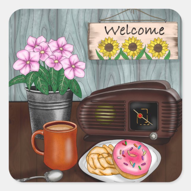 Welcome, Sunflowers, Doughnuts and Coffee Square Sticker (Front)