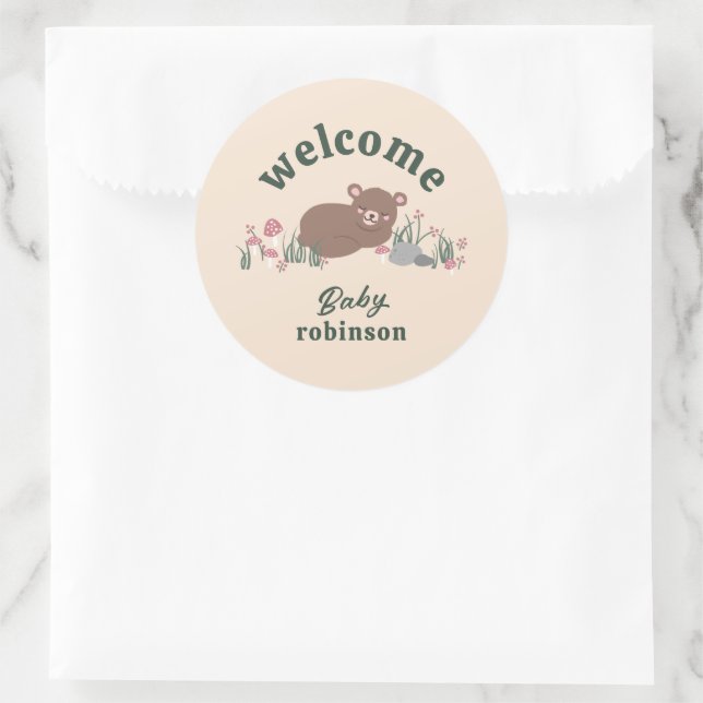 Welcome Sweet Woodland Baby Bear Cream Round Classic Round Sticker (Bag)