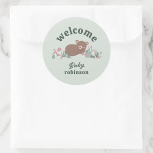 Welcome Sweet Woodland Baby Bear Green Round Classic Round Sticker