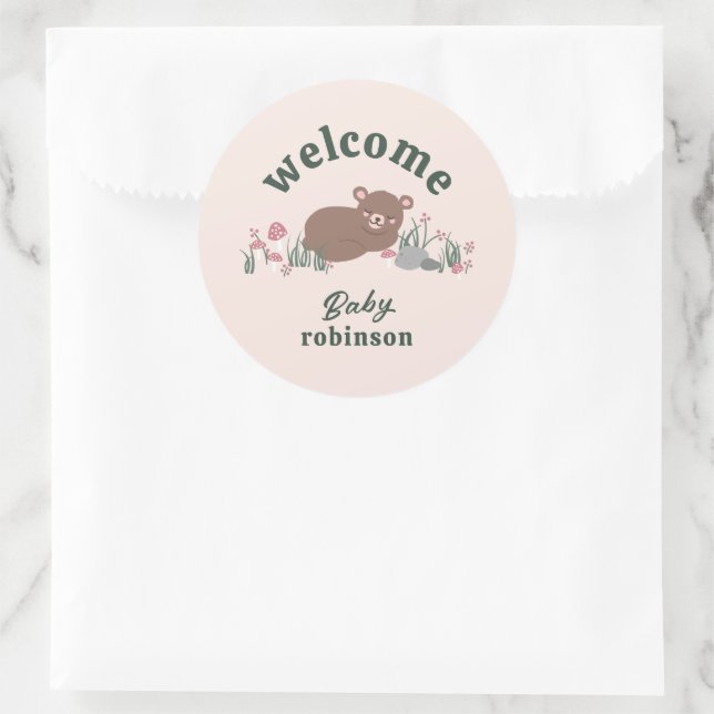 Welcome Sweet Woodland Baby Bear Pink Round Classic Round Sticker (Bag)