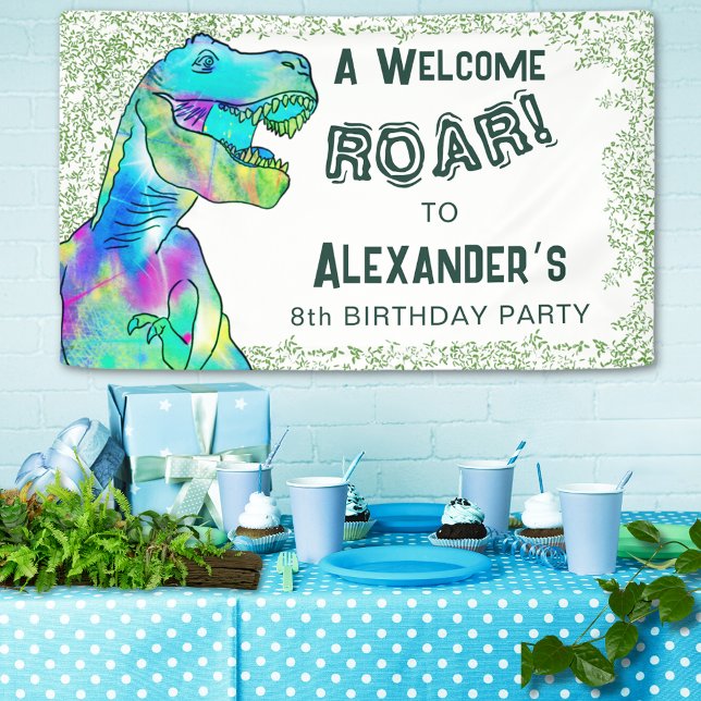Welcome T-Rex Roar Dinosaur 8th Birthday Party Banner (Welcome T-Rex roar dinosaur 8th birthday party personalized banner colorful tyrannosaurus and jungle)