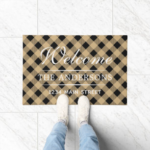 Welcome Tan Plaid Pattern Personalised Family Doormat