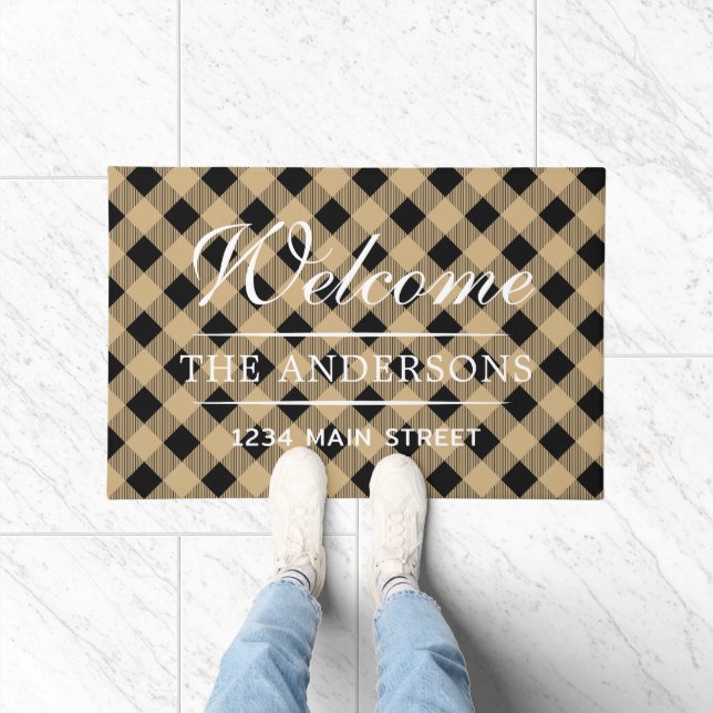 Welcome Tan Plaid Pattern Personalised Family Doormat (Indoor)