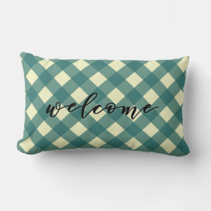 WELCOME - TEAL GINGHAM LUMBAR CUSHION