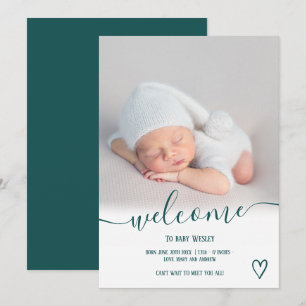 Welcome teal script heart photo boy baby birth announcement