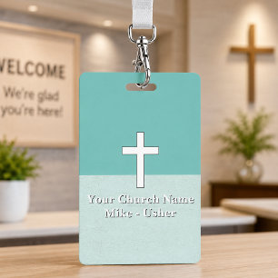 Welcome Teal Vertical Christian Church Usher ID Badge