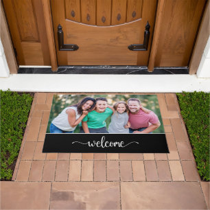Welcome Text with Family Photo, Black Doormat