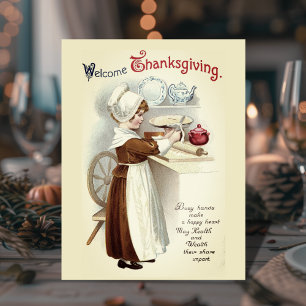 Welcome Thanksgiving Vintage Pilgrim Girl Postcard