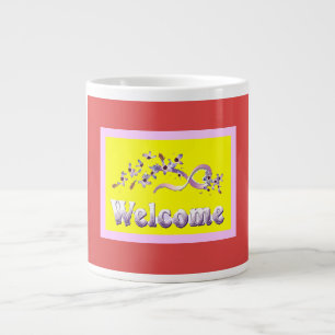 Welcome themed colors silver red yellow with words large coffee mug