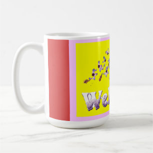 Welcome themed colours silver red yellow with word coffee mug