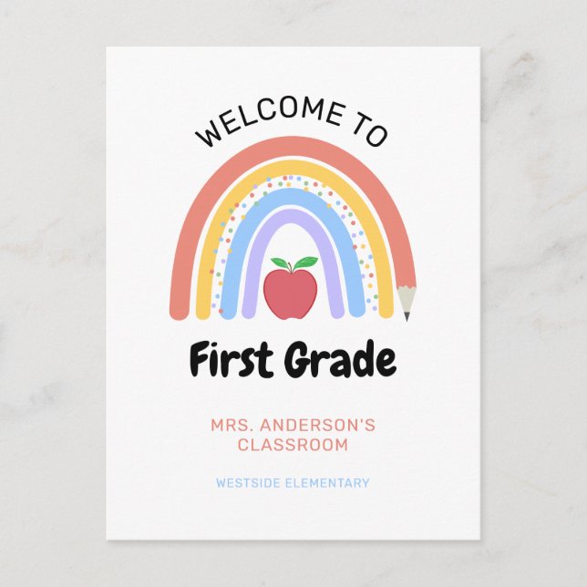 Welcome to 1st Grade Pastel Coloured Rainbow Postcard (Front)