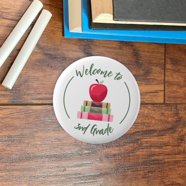 Welcome to 3rd Grade Apple Books Round Button (Welcome to 3rd grade white round back-to-school button with a red apple and books .)