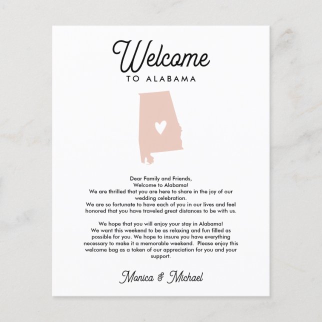 Welcome to Alabama |  Letter & Itinerary ANY COLOR (Front)