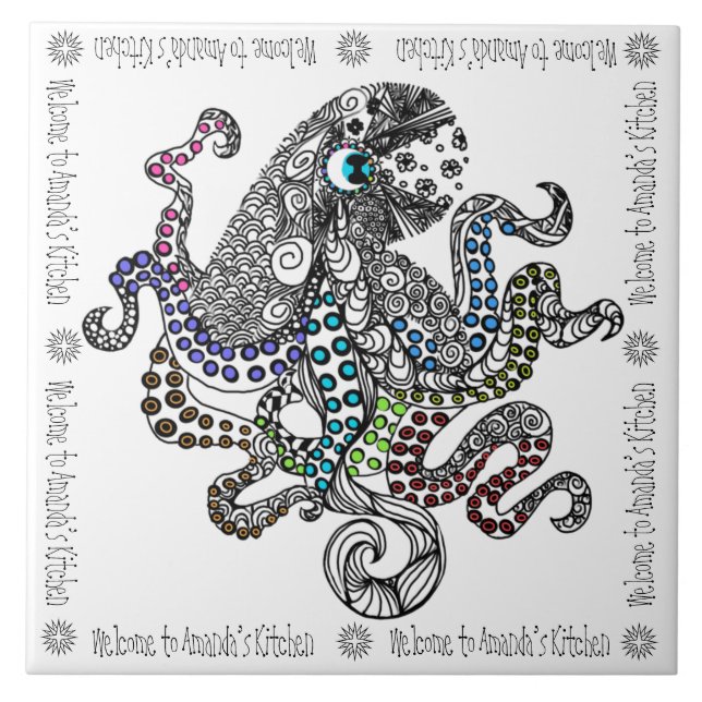 Welcome to Amanda’s Kitchen floral line octopus Ceramic Tile (Front)