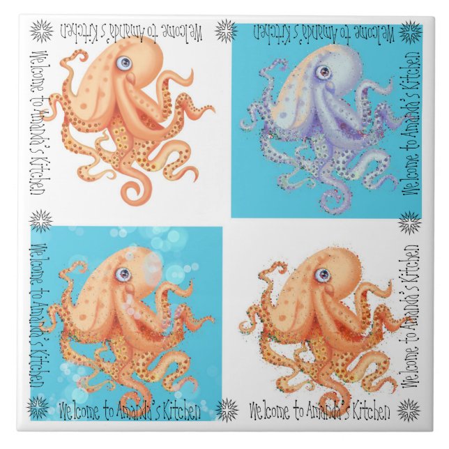 Welcome to Amanda’s Kitchen octopus chequered boar Ceramic Tile (Front)