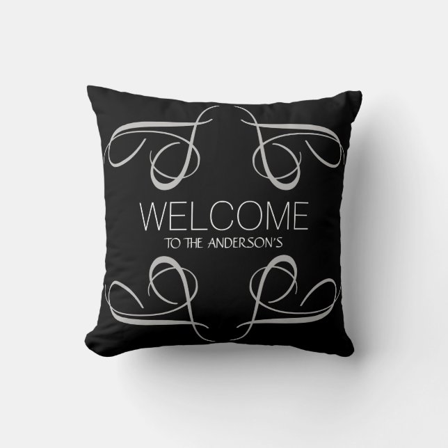 Welcome To Any Family Name Black Grey Swirls Cushion (Front)