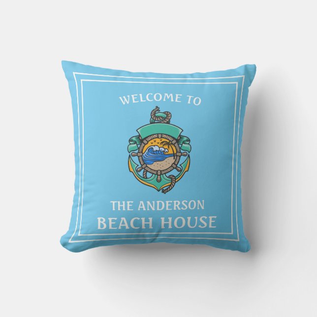 Welcome To Any Name Beach House Sky Blue Colour  Cushion (Front)