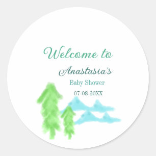 welcome to baby shower name blue green tree hill classic round sticker