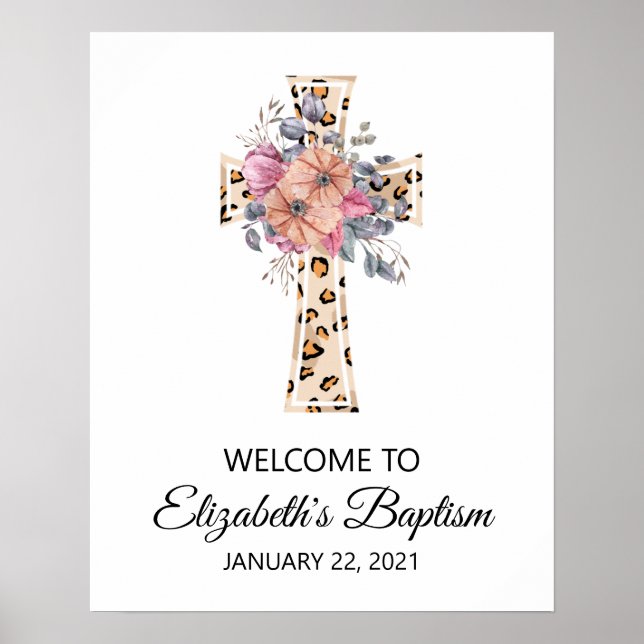Welcome to Baptism Watercolor Leopard Floral Cross Poster (Front)