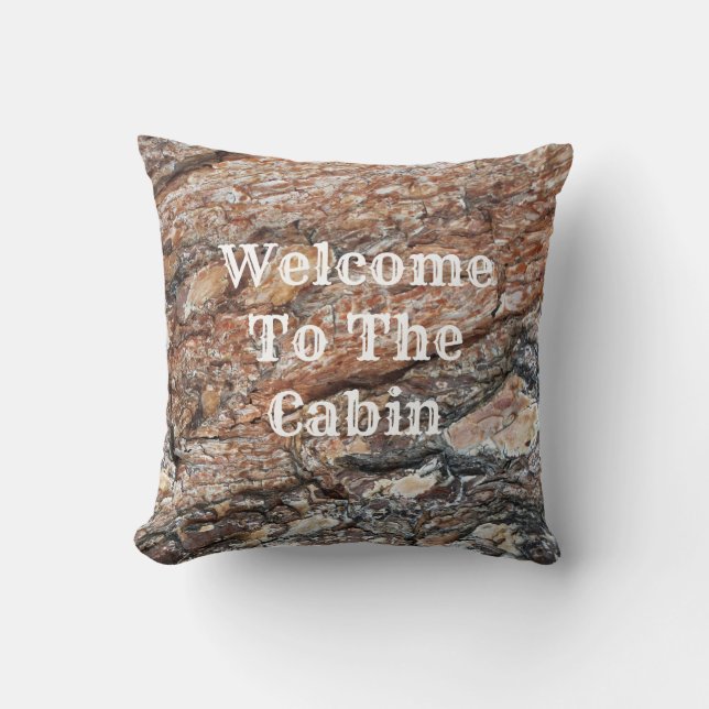 Welcome to Cabin Tree Bark Photo Rustic Nature Cushion (Front)
