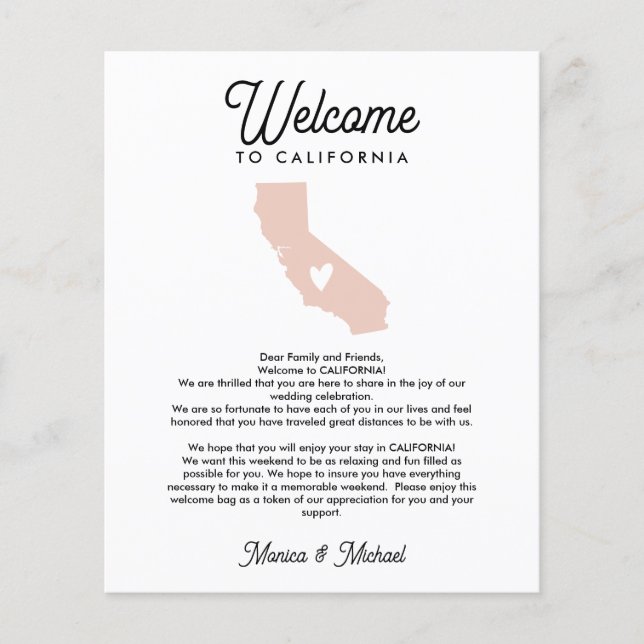 Welcome to CALIFORNIA Letter & Itinerary ANY COLOR (Front)