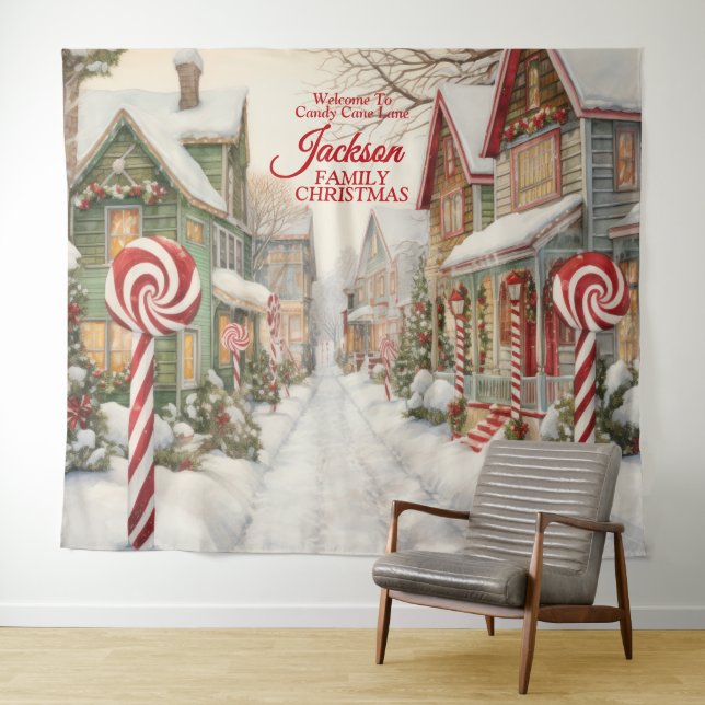 Welcome to Candy Cane Lane Christmas Backdrop Tapestry (In Situ (Horizontal))