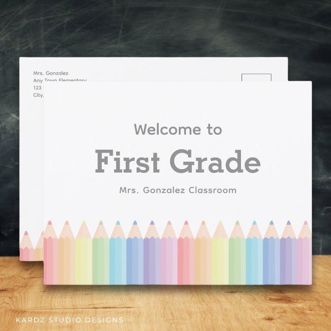 Welcome to First Grade Postcard Template (Welcome back to school, teacher rainbow colored pencils. Cute postcard for Elementary or pre school)