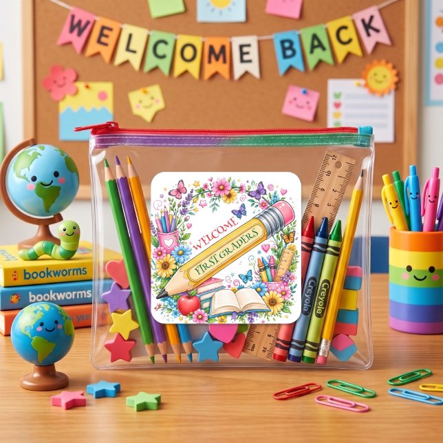 Welcome to First Grade Retro Pencil Square Sticker (Creator Uploaded)