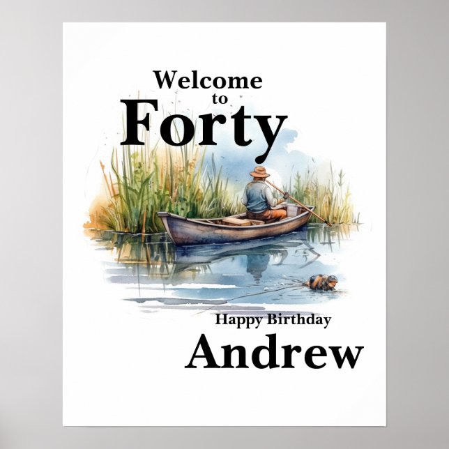 Welcome to Forty Men's Watercolor Birthday Fishing Poster (Front)