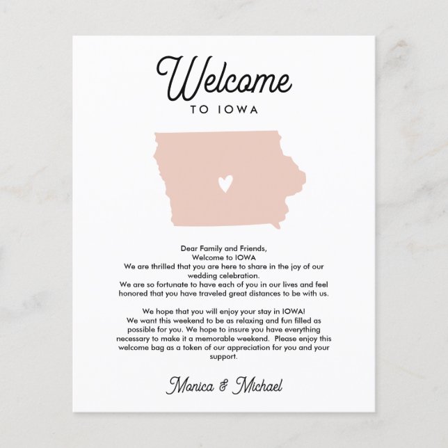Welcome TO IOWA Letter & Itinerary ANY COLOR (Front)