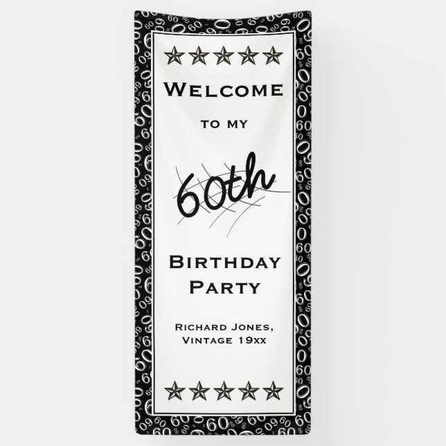 Welcome To My 60th Birthday Party Black and White Banner (Vertical)