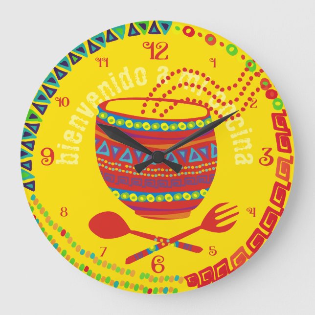 Welcome to my kitchen steaming Mexican bowl Large Clock (Front)