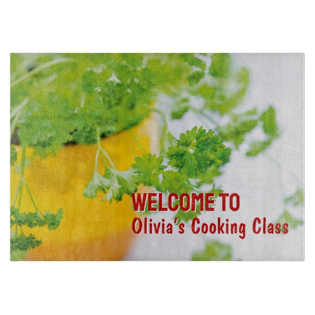 Welcome to Name’s Cooking Class Herb Art Cutting Board (Front)