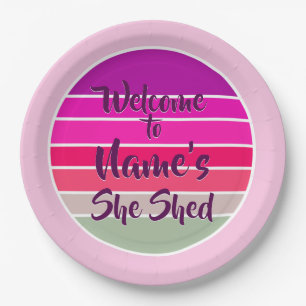 Welcome to Name's She Shed 20xx Retro Sunset Paper Plate