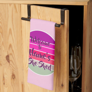 Welcome to Name's She Shed 20xx Retro Sunset Tea Towel