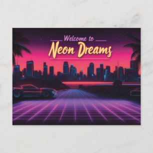 Welcome to Neon Dreams - Retro Wave Cityscape Holiday Postcard