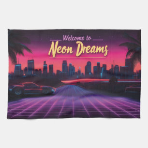 Welcome to Neon Dreams - Retro Wave Cityscape Tea Towel