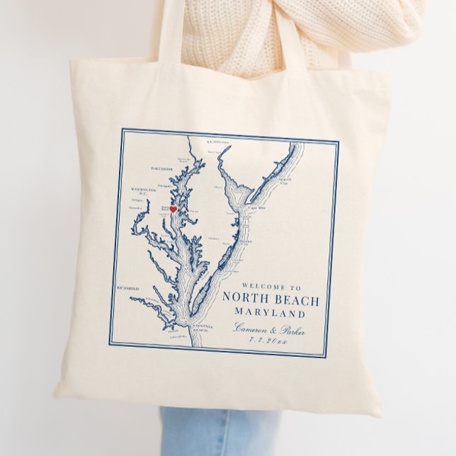 Welcome to North Beach Maryland Elegant Wedding Tote Bag (Welcome To North Beach Maryland Wedding Tote Bag in elegant navy blue from Coastal Map Designs)